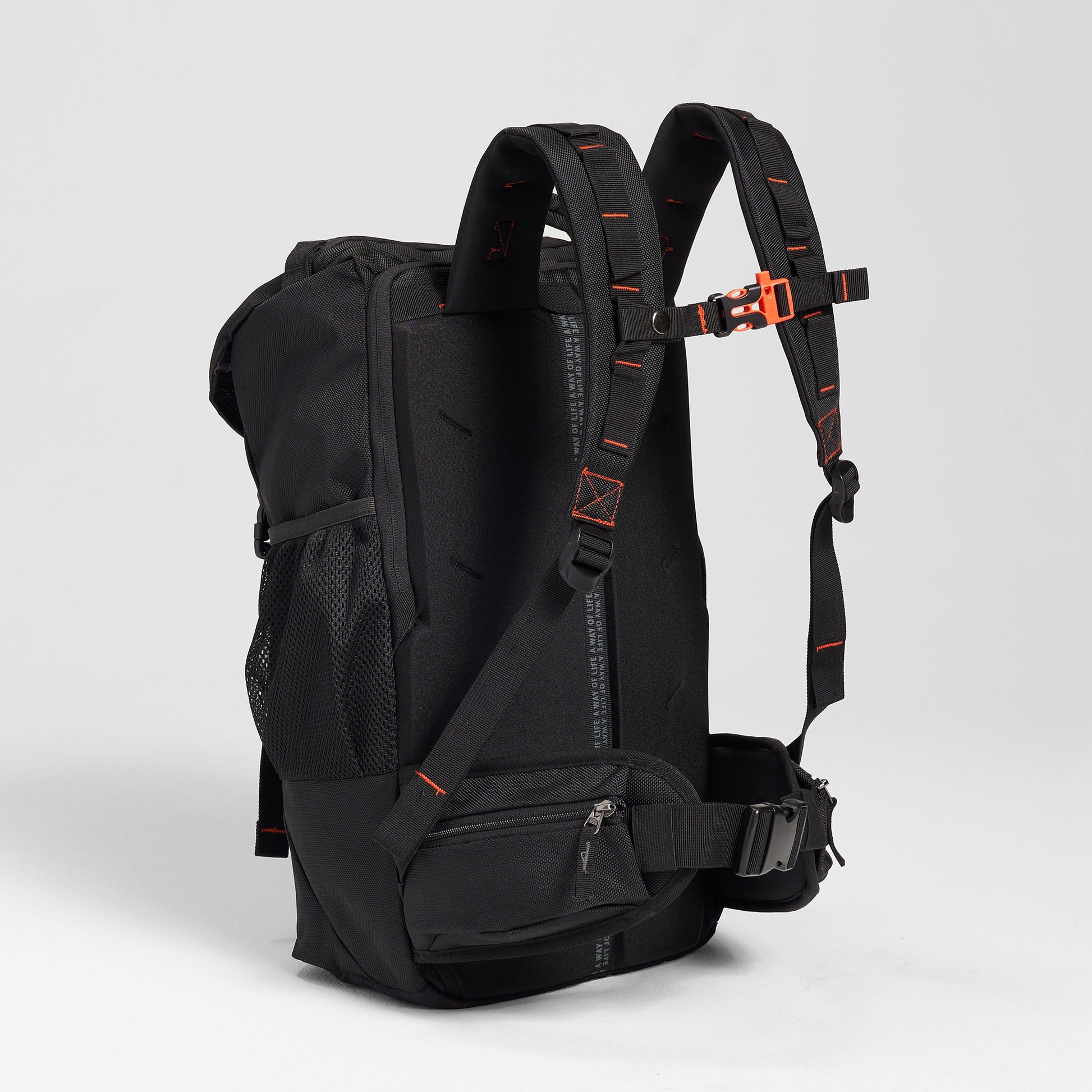 A sleek black backpack designed for functionality and comfort featuring adjustable straps and a zippered side pocket