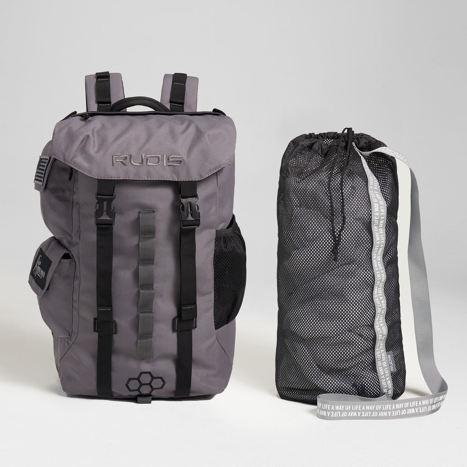 A stylish gray backpack paired with a drawstring mesh sport bag showcasing functional design elements ideal for athletic use