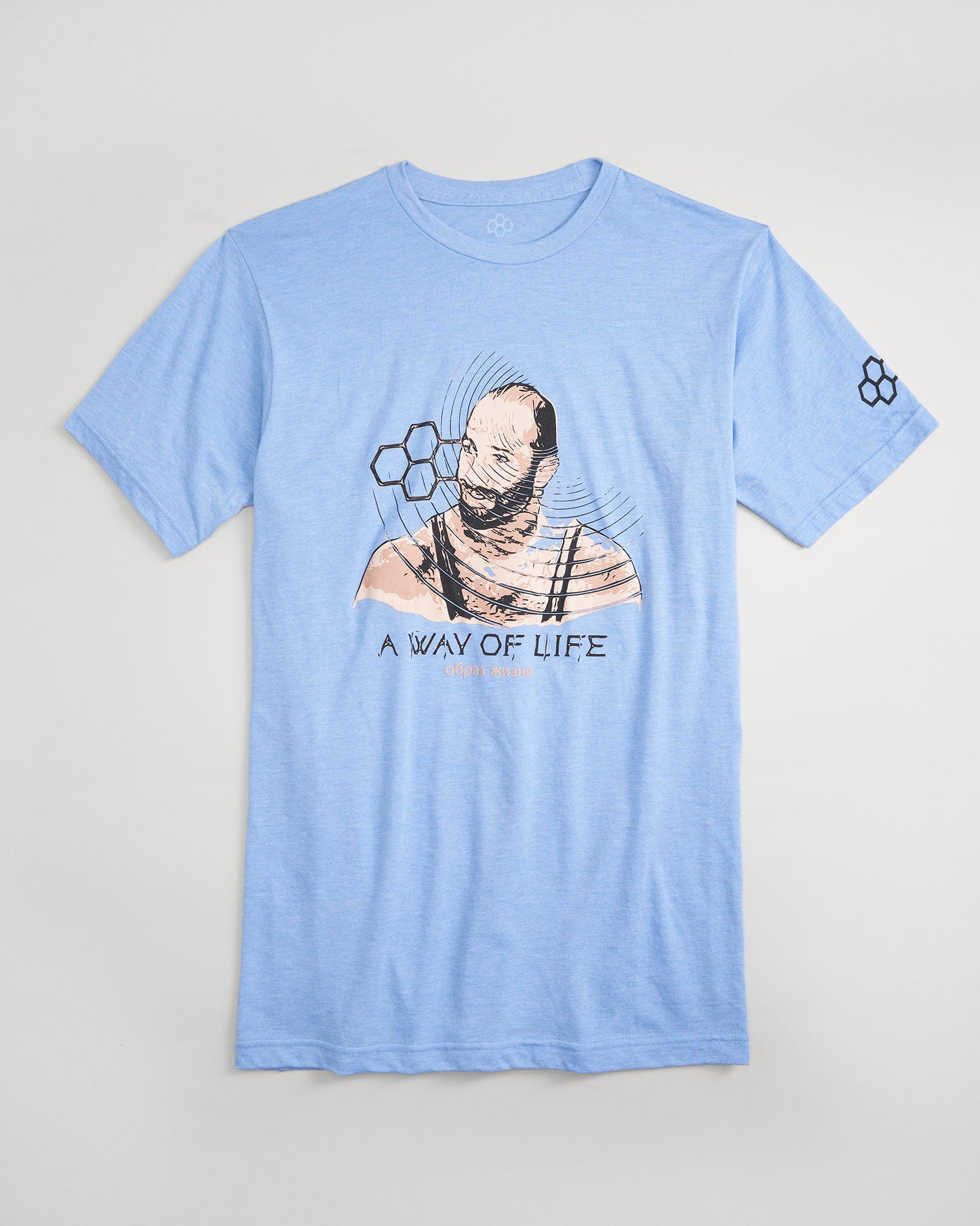 A light blue t-shirt featuring a graphic design of a person with a beard captioned A WAY OF LIFE