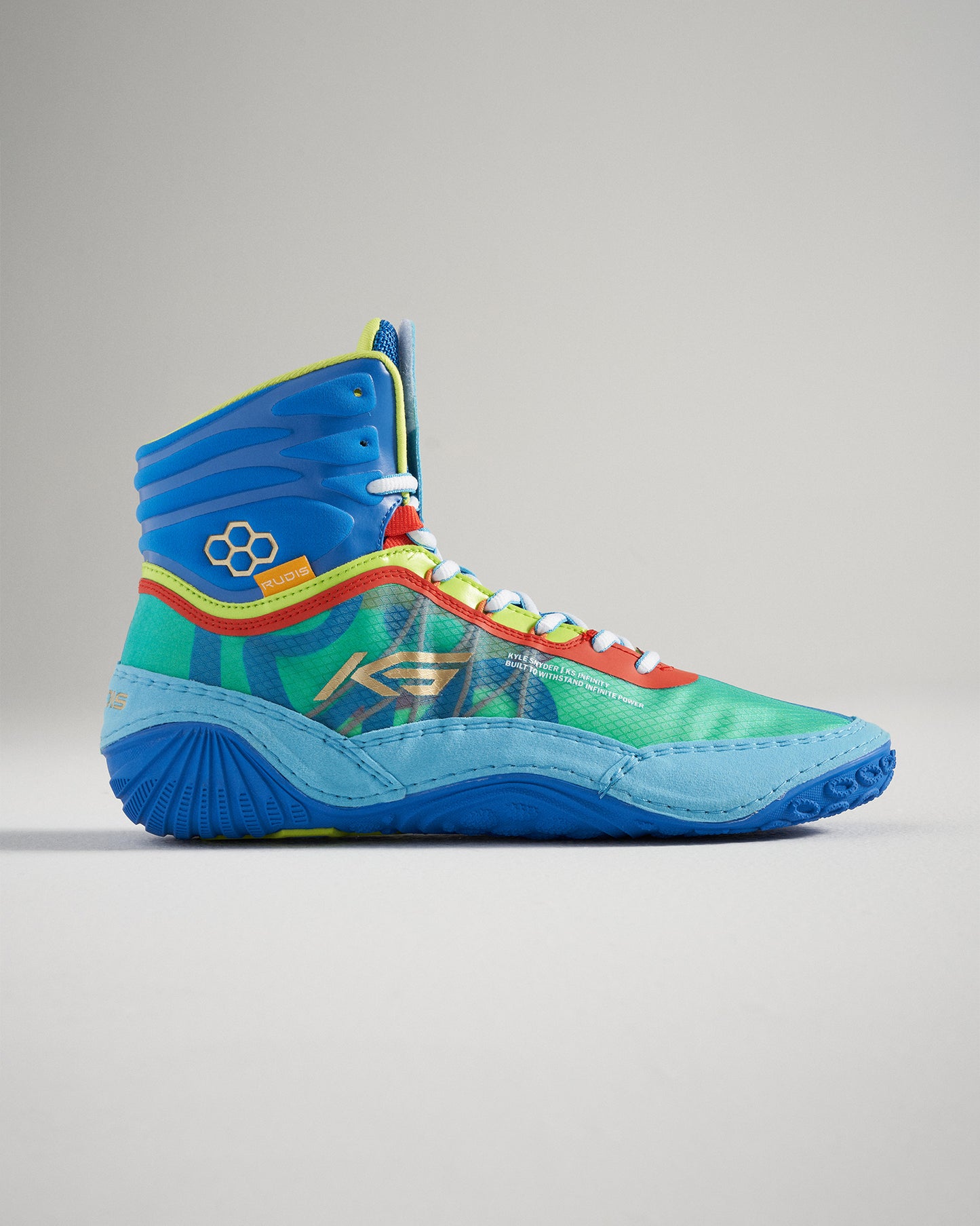 Colorful high-performance wrestling shoes featuring a striking combination of blue green and red with a sleek design