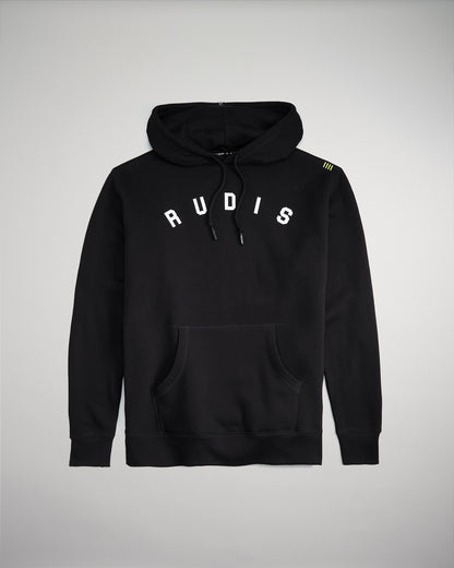 A black hoodie featuring the word RUDIS prominently displayed across the chest designed for comfort and style