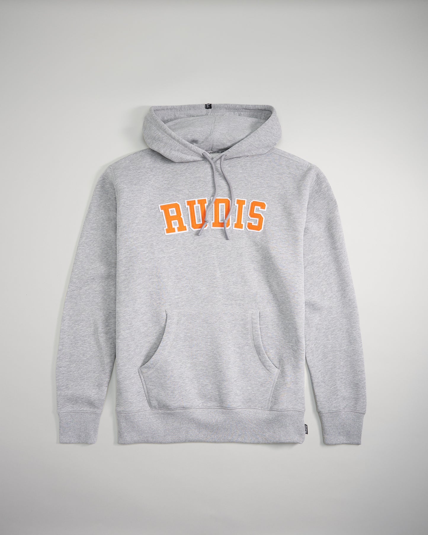 A gray hoodie featuring bold orange lettering spelling RUDIS designed for comfort and casual wear