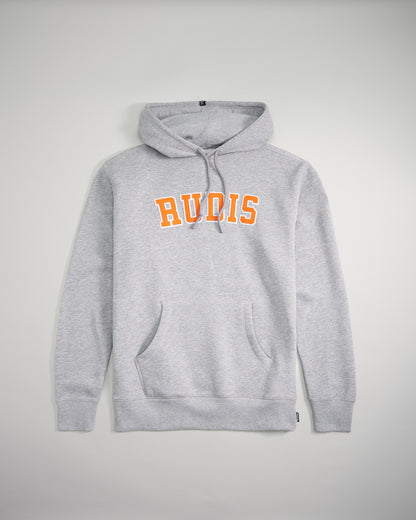 A gray hoodie featuring bold orange lettering spelling RUDIS designed for comfort and casual wear