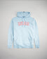 This image presents a light blue hoodie featuring the word RUDIS prominently displayed in bold red letters designed for casual and athletic wear