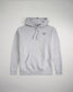 This image displays a gray hooded sweatshirt with a simple black logo design on the chest set against a light background