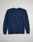 This image features a dark navy blue sweatshirt with a round neckline and a minimalist design highlighted by a subtle logo on the left chest area