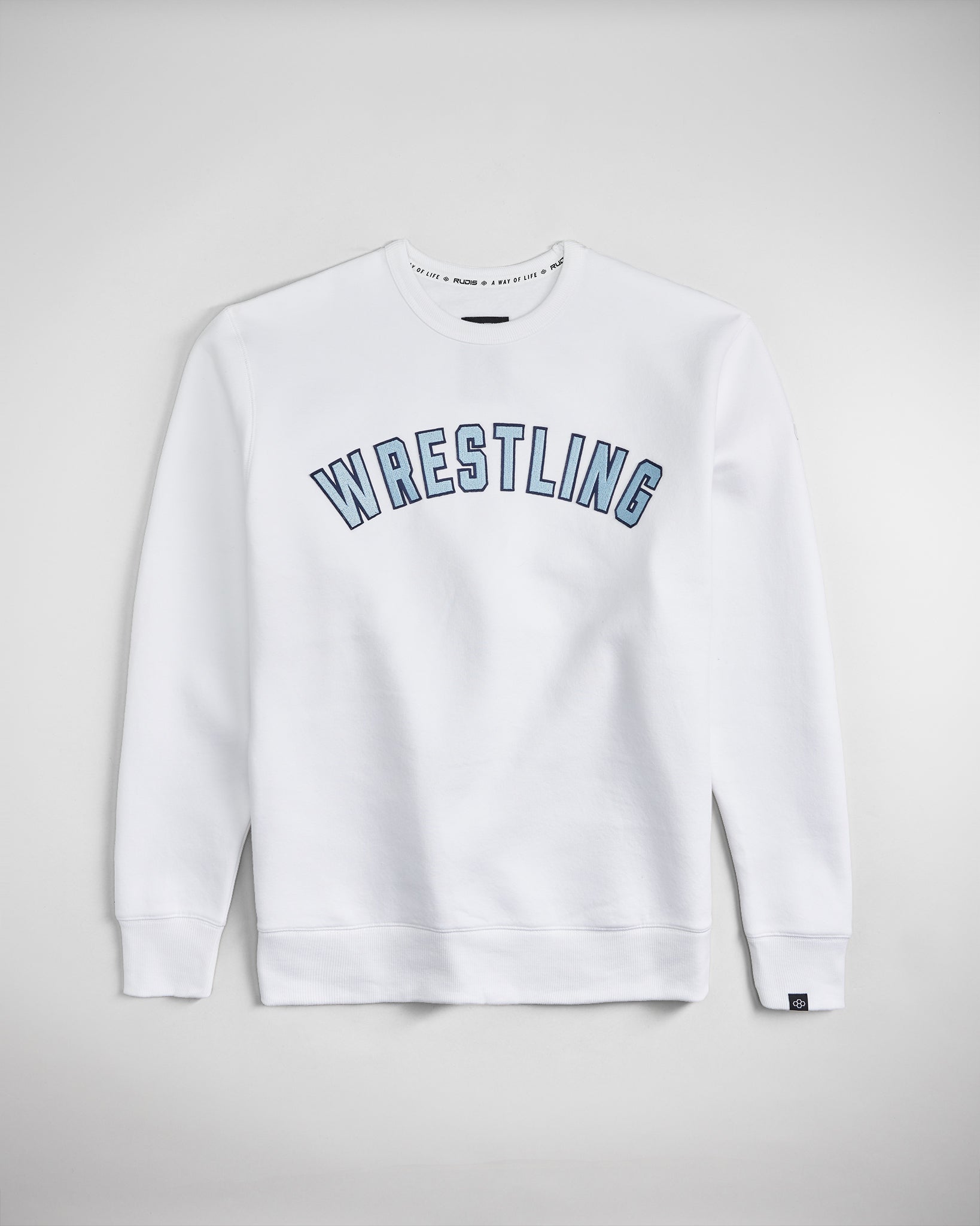 A stylish white sweatshirt featuring bold WRESTLING text in blue perfect for athletes and fans alike