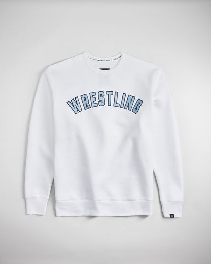 A stylish white sweatshirt featuring bold WRESTLING text in blue perfect for athletes and fans alike