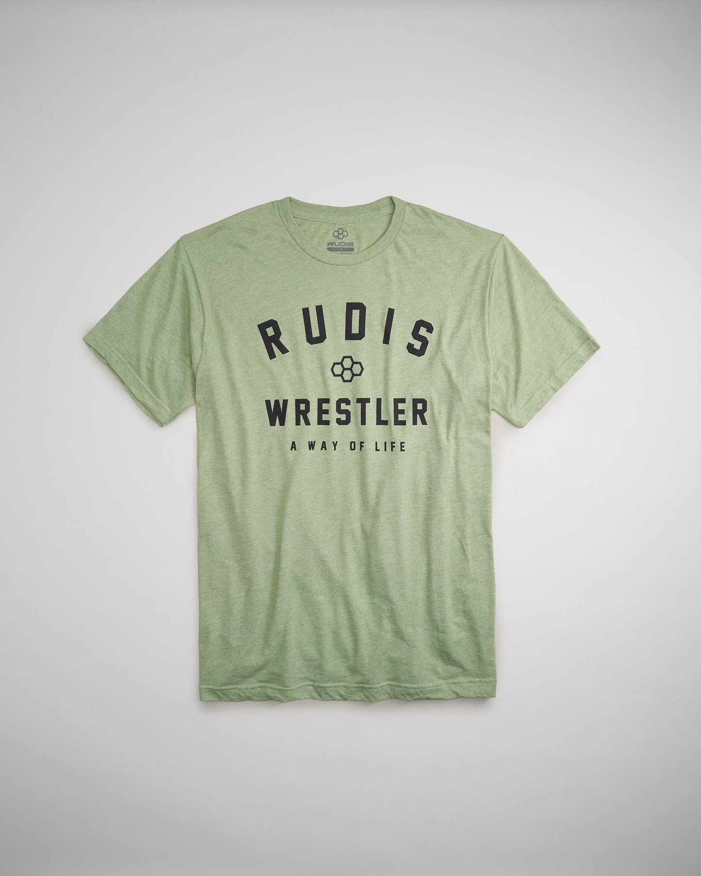 A light green t-shirt featuring bold black text that reads RUDIS WRESTLER A WAY OF LIFE