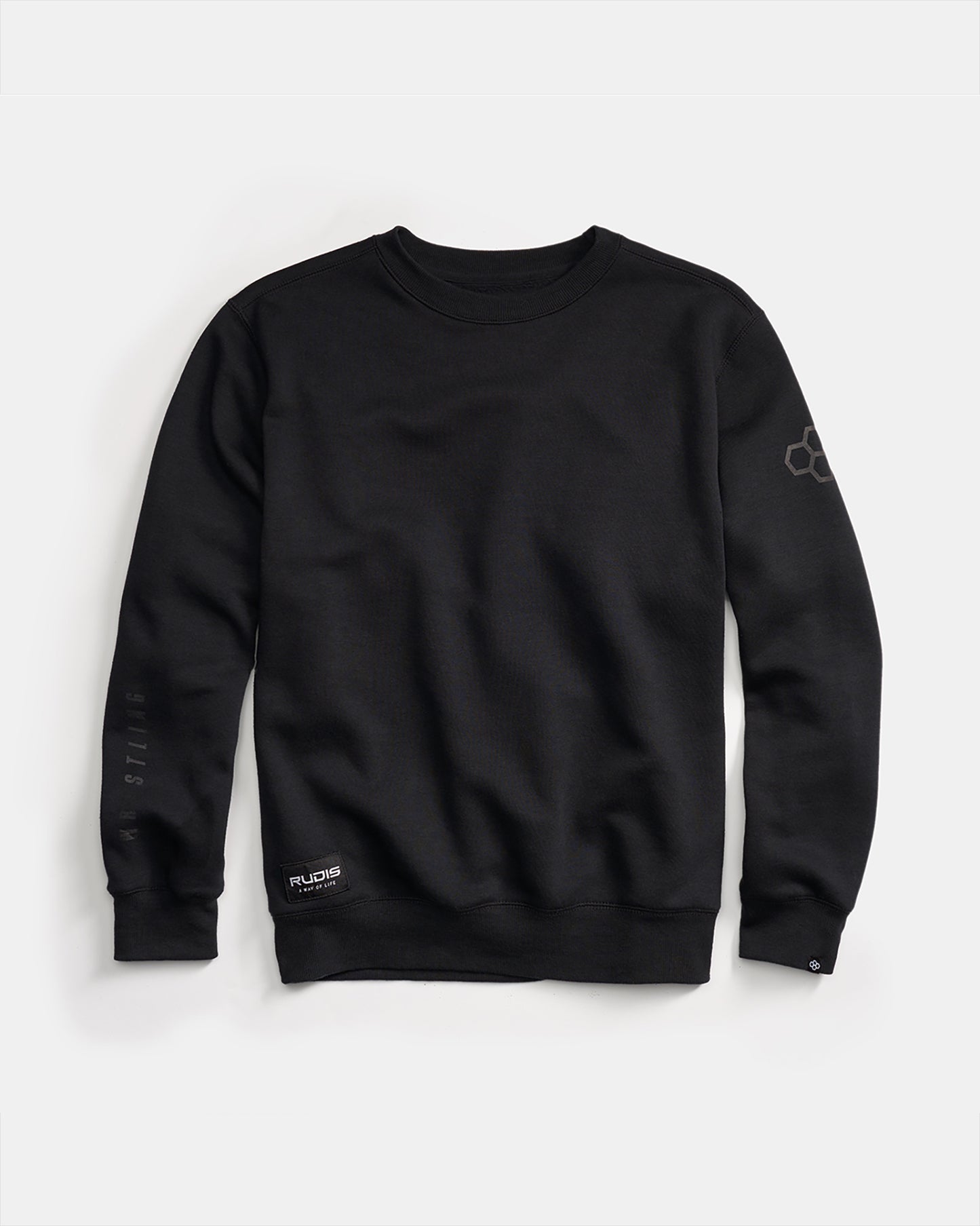 A black sweatshirt with a simple modern design featuring a crew neckline and subtle branding on the sleeve and hem