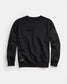 A black sweatshirt with a simple modern design featuring a crew neckline and subtle branding on the sleeve and hem