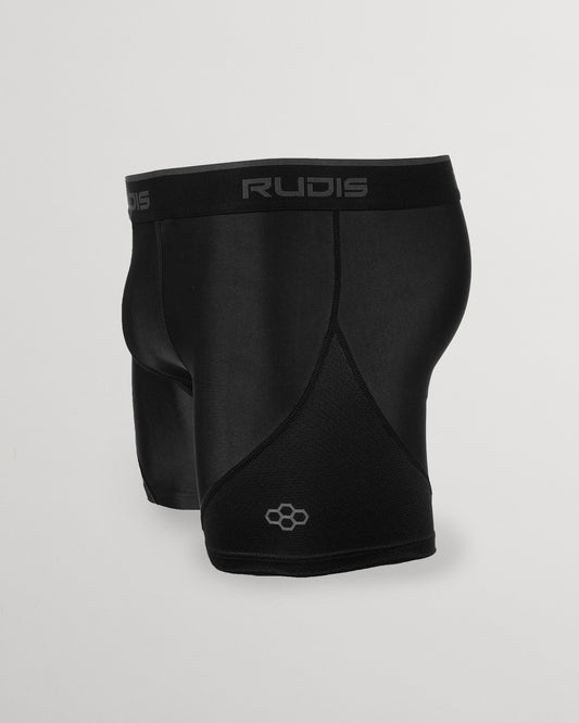 This image displays a pair of black athletic shorts featuring a snug fit and notable branding on the waistband designed for comfort and performance during physical activities