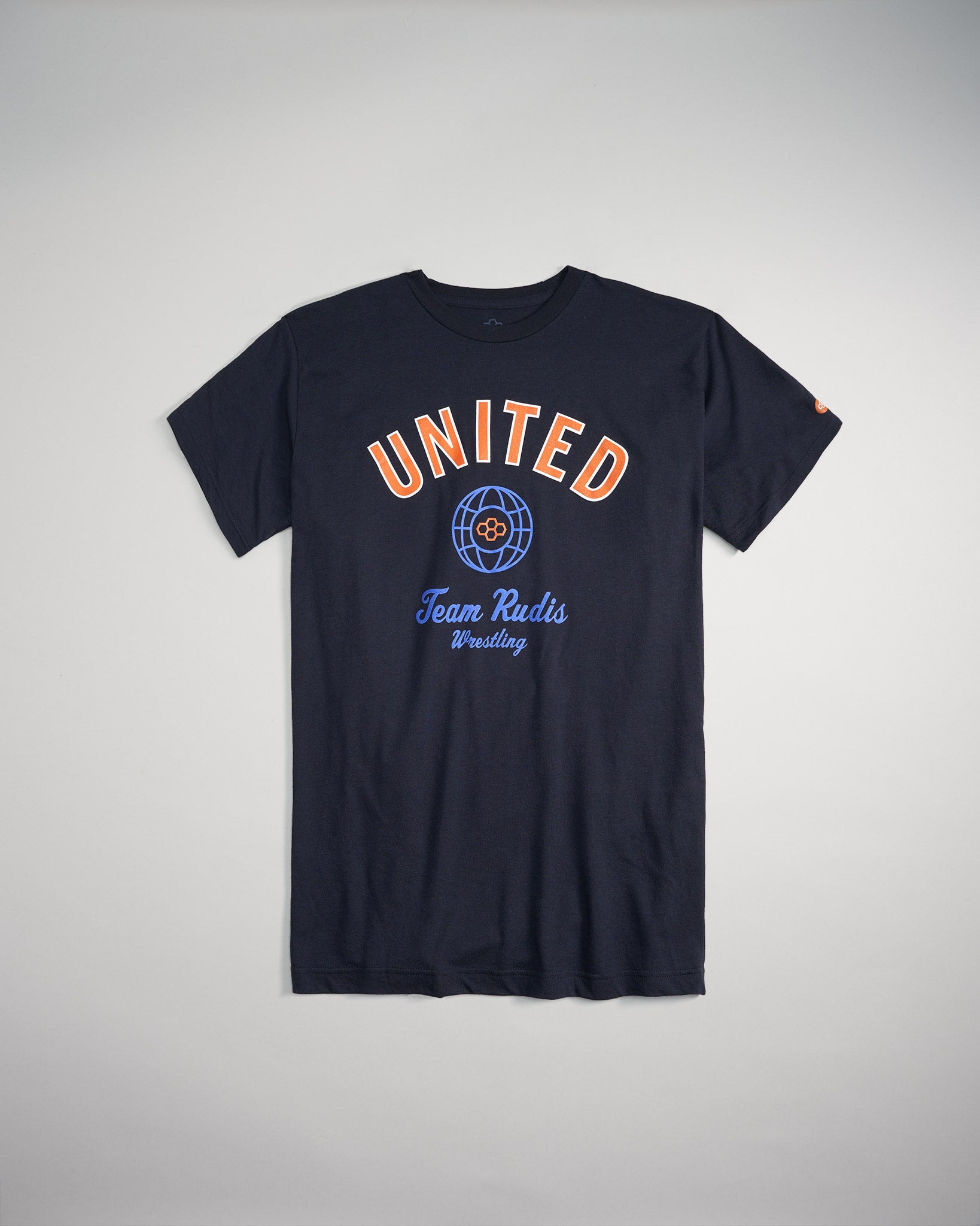 A black T-shirt featuring the word UNITED in bold orange and the text Team Rudis Wrestling in a stylish blue font