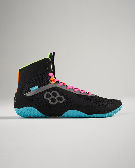 A modern high-top athletic shoe featuring a black mesh upper with vibrant accents and a textured blue sole designed for grip