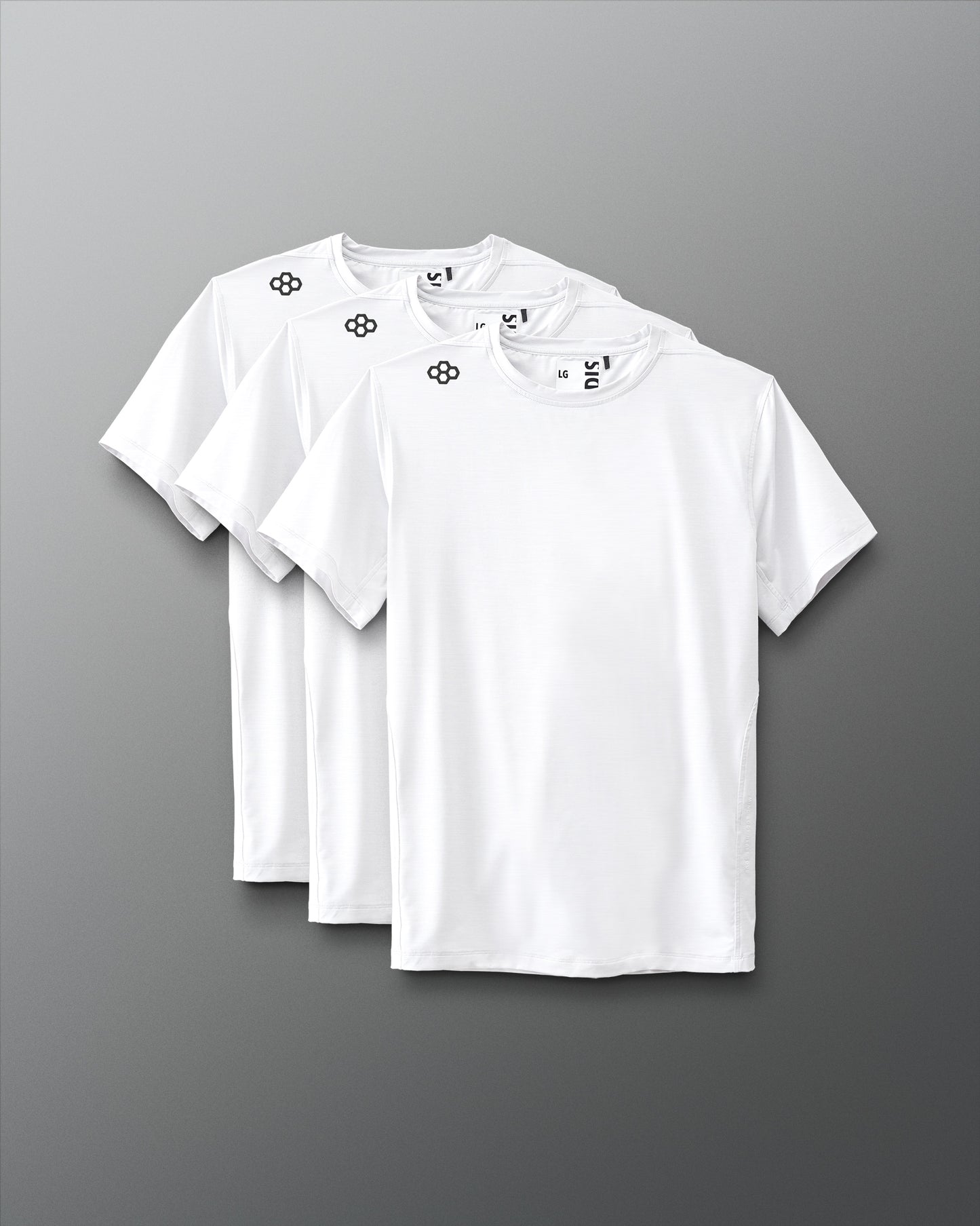 Three white t-shirts with black logos on the shoulders are aligned against a sleek gray background, portraying a clean and modern appearance.