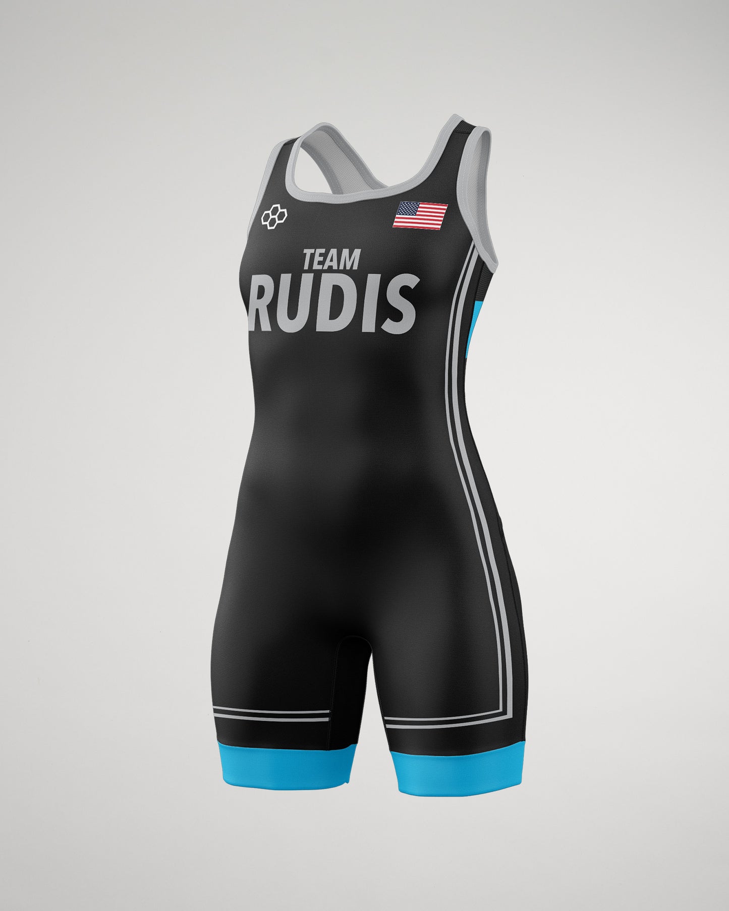 A sleek black wrestling singlet features 'TEAM RUDIS' in silver text and an American flag, with turquoise accents at the hem.