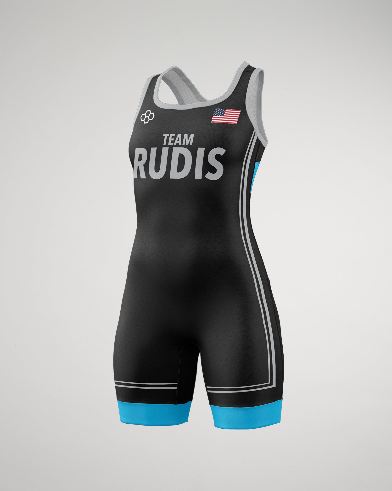 A sleek black wrestling singlet features 'TEAM RUDIS' in silver text and an American flag, with turquoise accents at the hem.