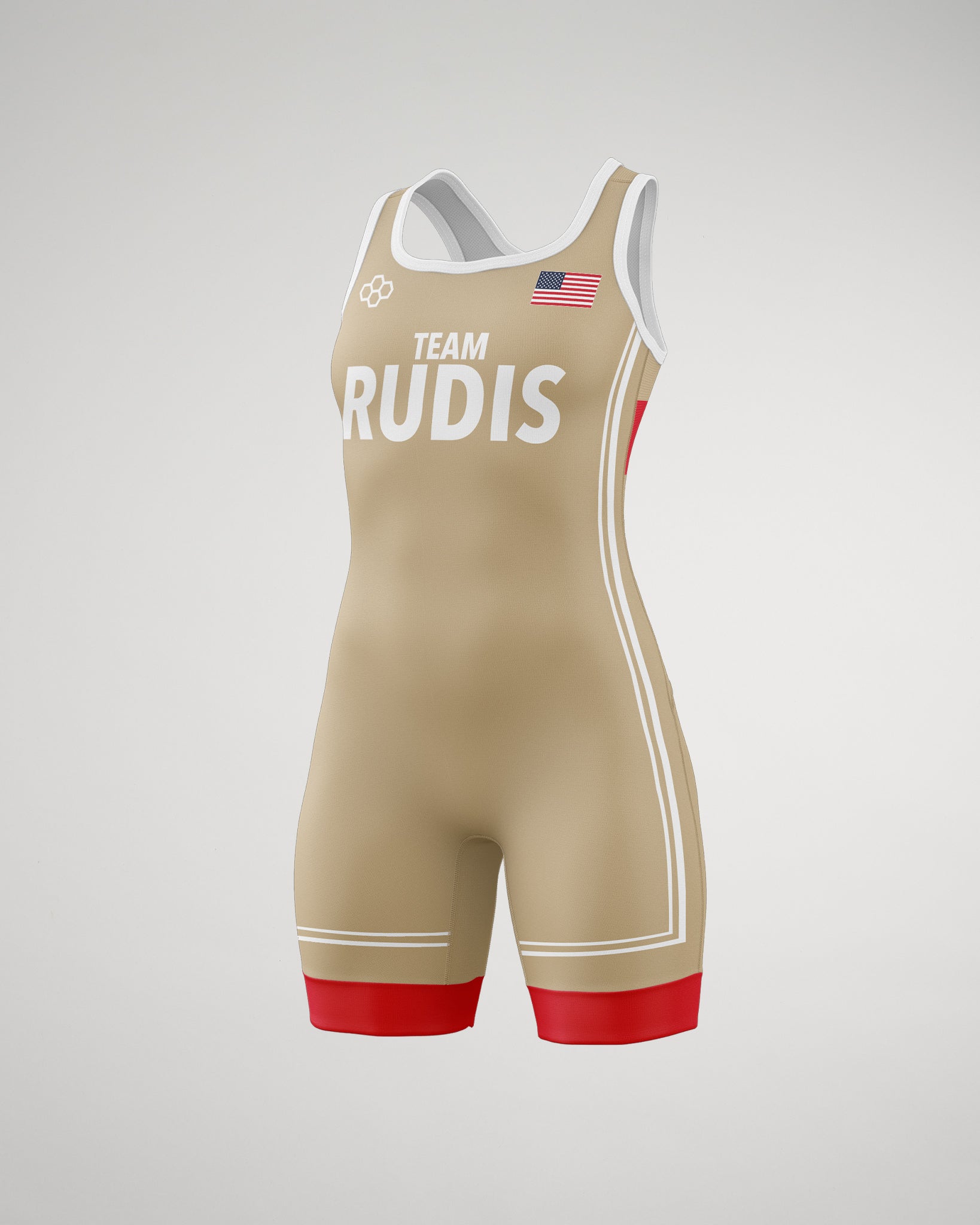 A sand-colored wrestling singlet with red accents and 'TEAM RUDIS' text, designed for athlete performance and featuring a patriotic American flag patch.