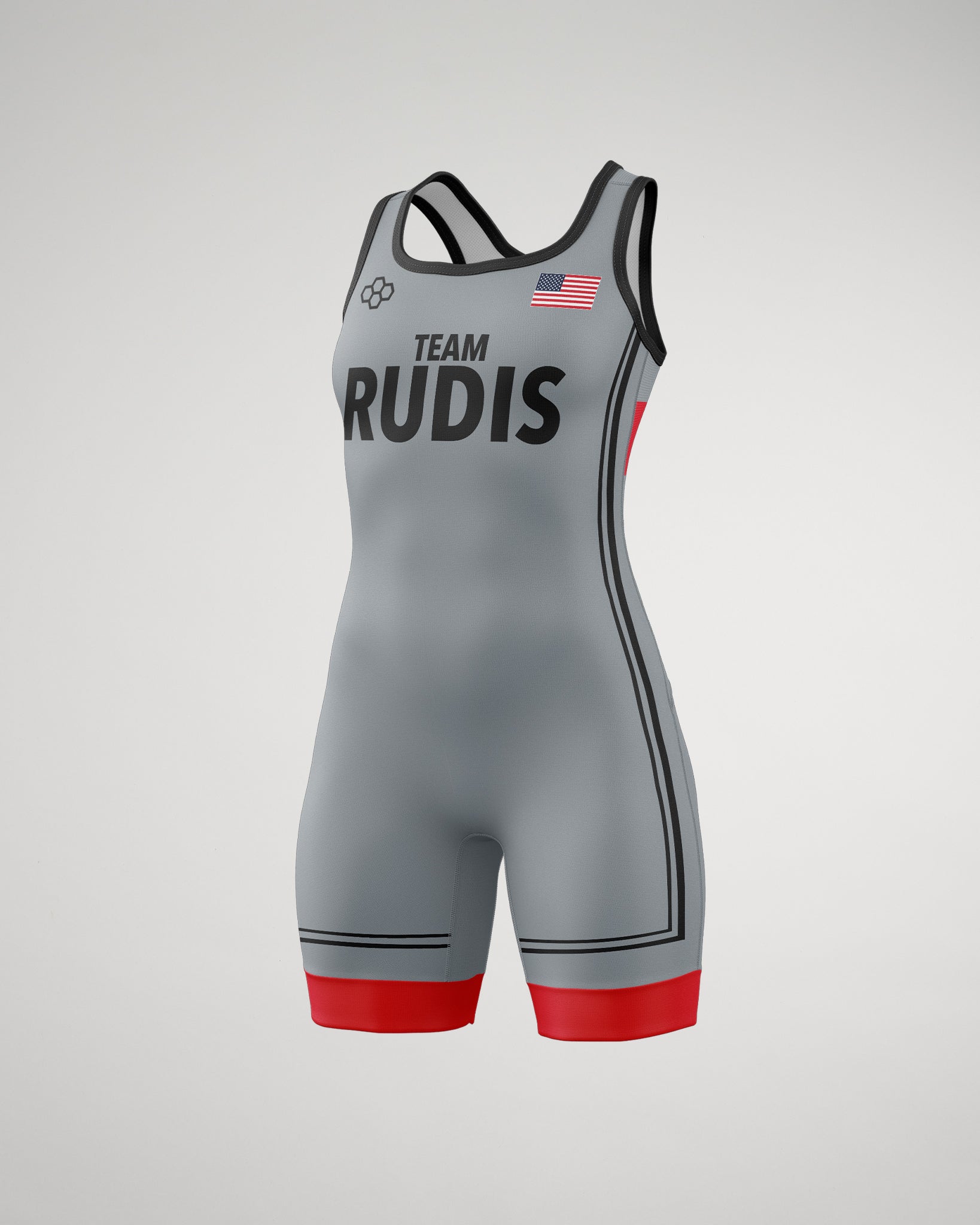 A gray wrestling singlet designed for athletic use features black stripes, red accents, and the text 'TEAM RUDIS' alongside a small American flag.