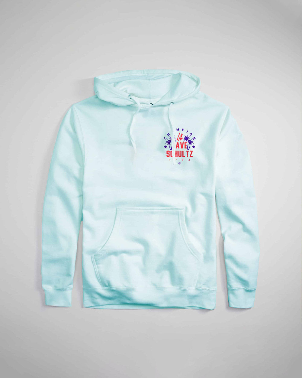 A light blue hoodie featuring a vibrant graphic design on the front highlighting the name Wavy Schultz in bold colors