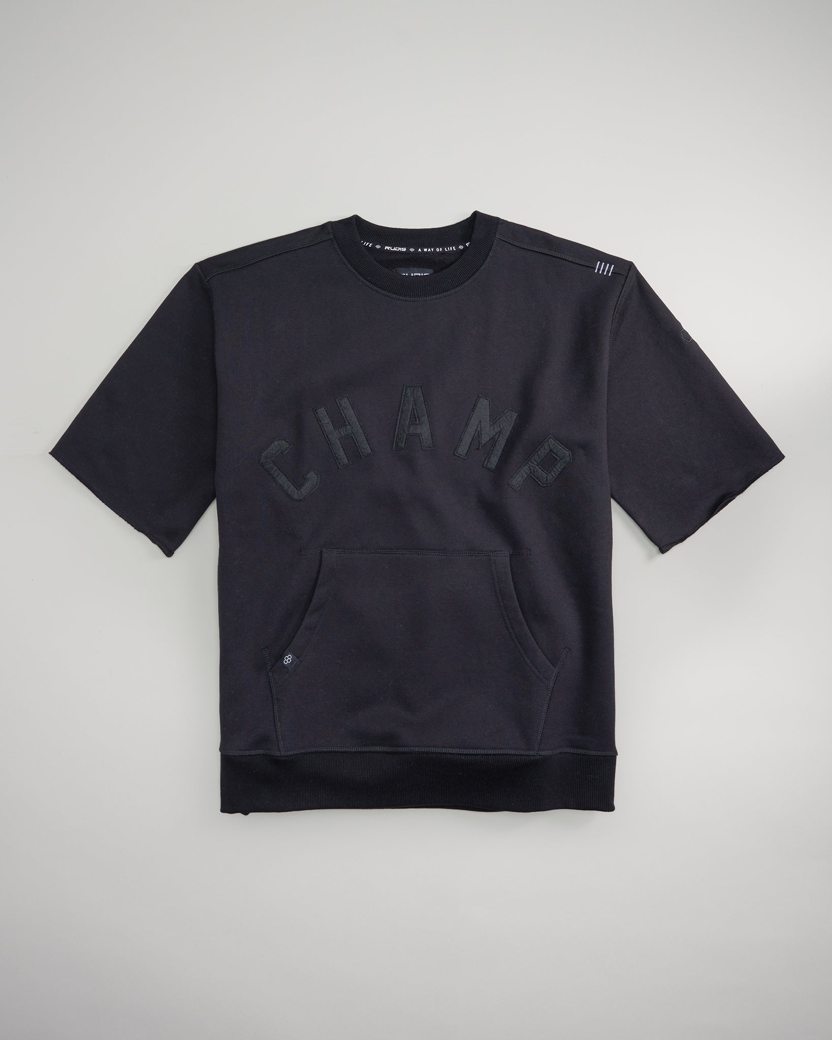 A black short-sleeved sweatshirt featuring a prominent CHAMP design and a front pocket suitable for casual wear