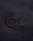 An intricate embroidered logo featuring three hexagons on a textured black fabric background highlighting a modern and minimalistic design approach