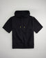 A stylish black short-sleeve hoodie featuring a large hood and adjustable drawstrings designed for comfort and modern aesthetics