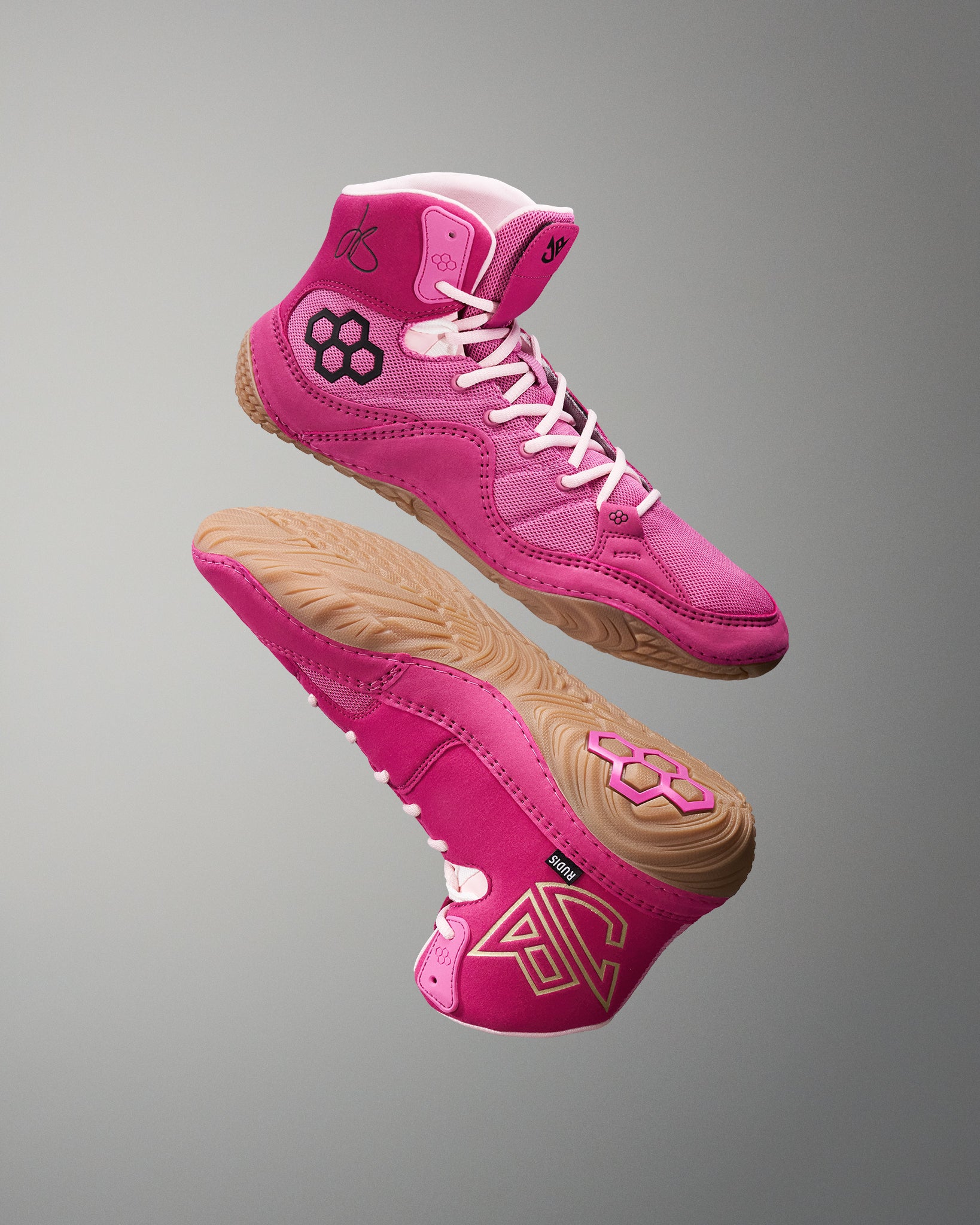 Pink Wrestling Shoes with Black RUDIS Logo and JB Jordan Burroughs signature.  JB1 Gum Doubles Wrestling Shoes 