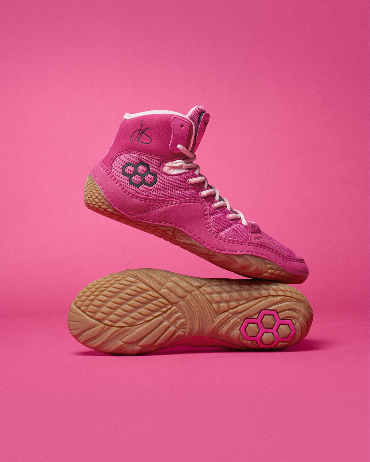 Pink Wrestling Shoes with Black RUDIS Logo and JB Jordan Burroughs signature.  JB1 Gum Doubles Wrestling Shoes 