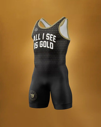 A sleek black wrestling singlet displaying the phrase ALL I SEE IS GOLD with a minimalist design and stylish branding