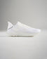 A sleek pair of white running shoes showcasing a modern design with breathable mesh upper and lightweight construction