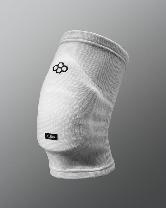 A white knee sleeve designed for sports protection featuring a hexagonal logo and a branded label at the bottom