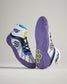 A pair of modern wrestling shoes featuring a vibrant design with a white base purple soles and multicolored accents for enhanced performance and style