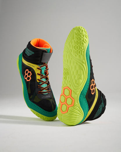 This image displays a pair of modern black athletic shoes with vibrant orange and green accents showcasing a unique design that emphasizes performance and style