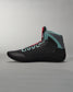 A side view of a modern black climbing shoe featuring a breathable mesh upper turquoise accents and a unique design ideal for outdoor activities