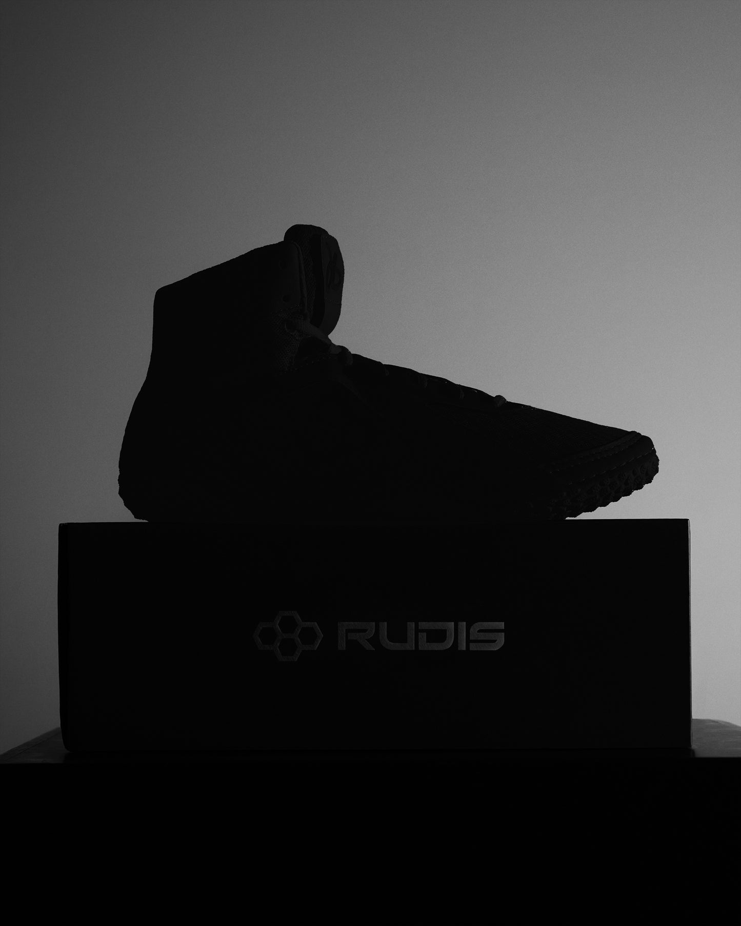 A black high-top shoe, silhouetted against a gradient background, rests on a black box with the 'RUDIS' logo, showcasing its sleek design and athletic purpose.