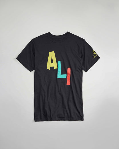 A black t-shirt featuring colorful block letters spelling ALI in yellow turquoise and red