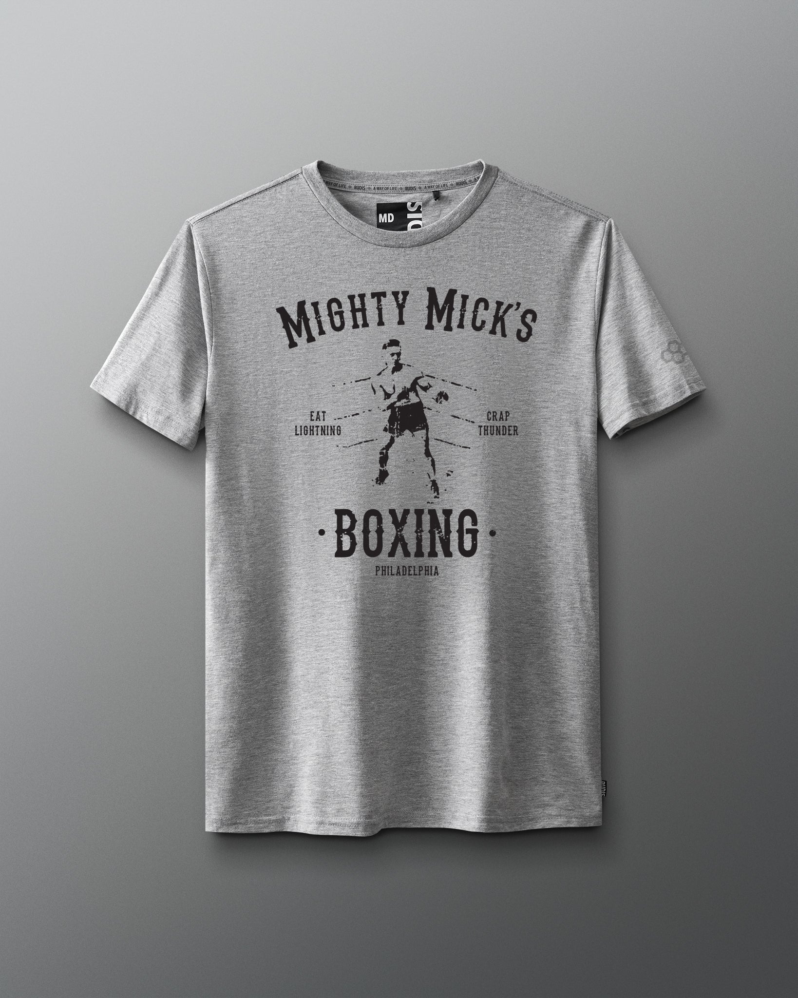 Mighty Micks Boxing Grey Shirt black text - Eat Lightning. Crap Thunder. ROCKY