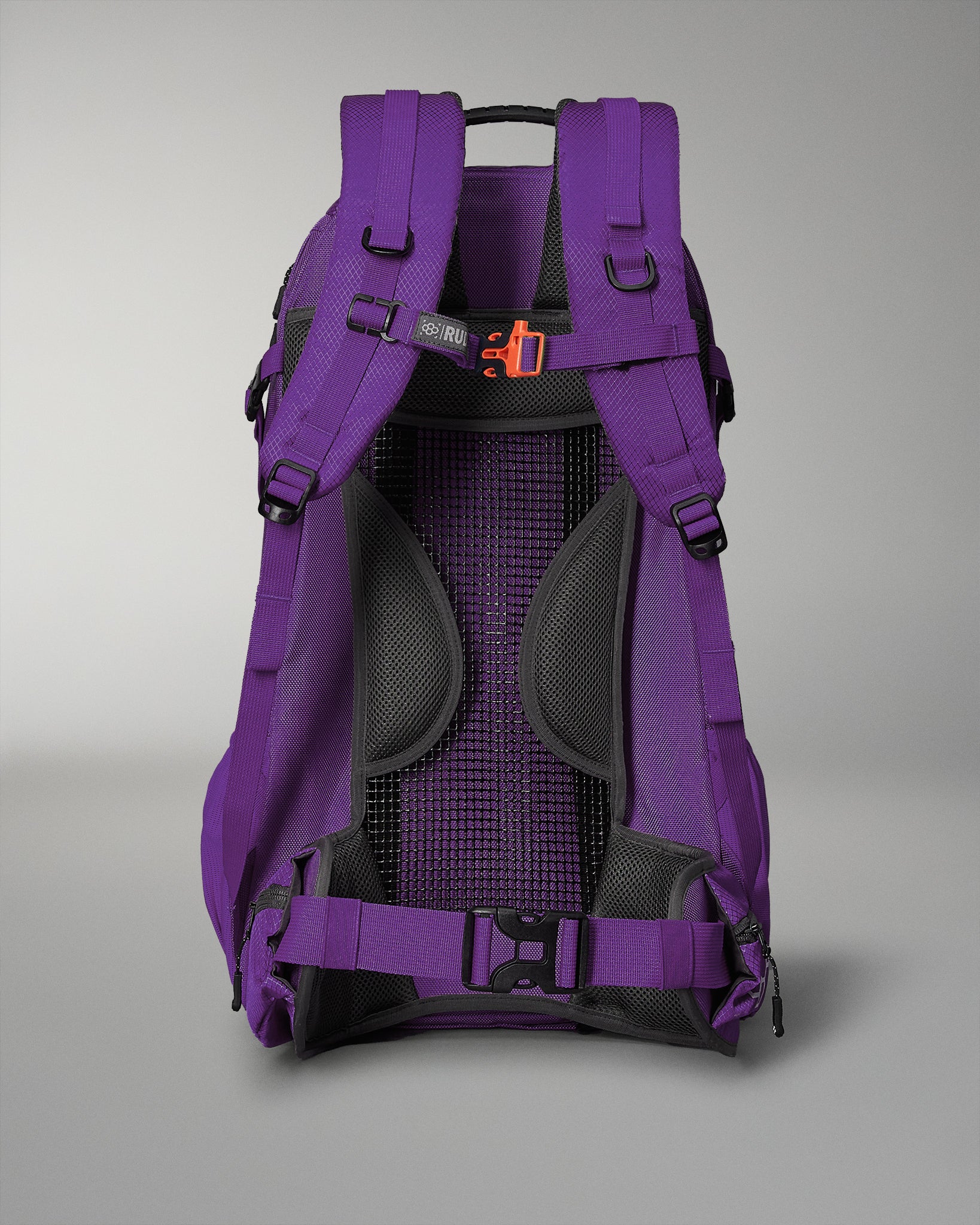 Purple backpack with padded straps and a breathable mesh back panel for enhanced comfort, featuring adjustable buckles for a secure fit.