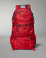 A vibrant red backpack with multiple compartments and a textured fabric design ideal for outdoor activities