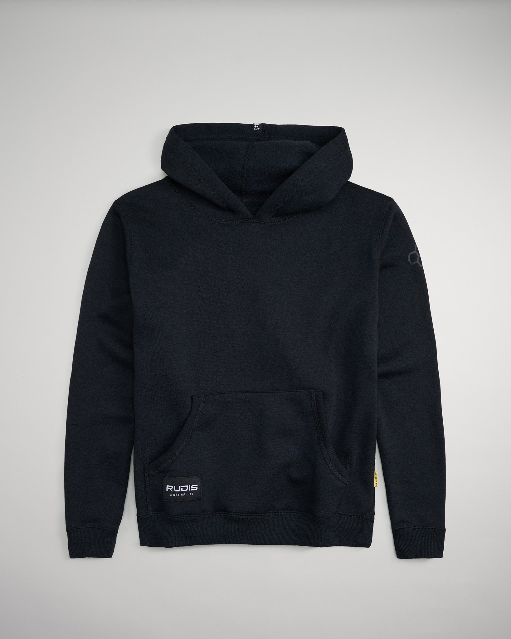 A stylish black hooded sweatshirt featuring a front pocket and a small branded label