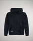 A stylish black hooded sweatshirt featuring a front pocket and a small branded label