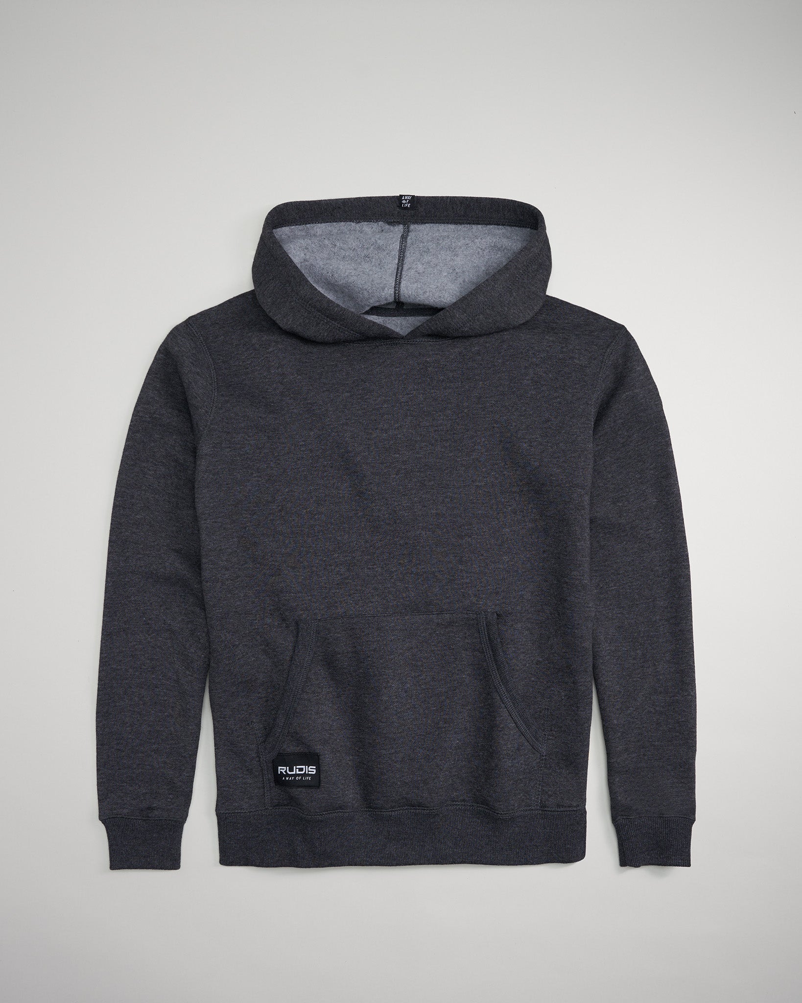 A sleek dark gray hoodie featuring a modern design and a front pocket ideal for casual wear and comfort