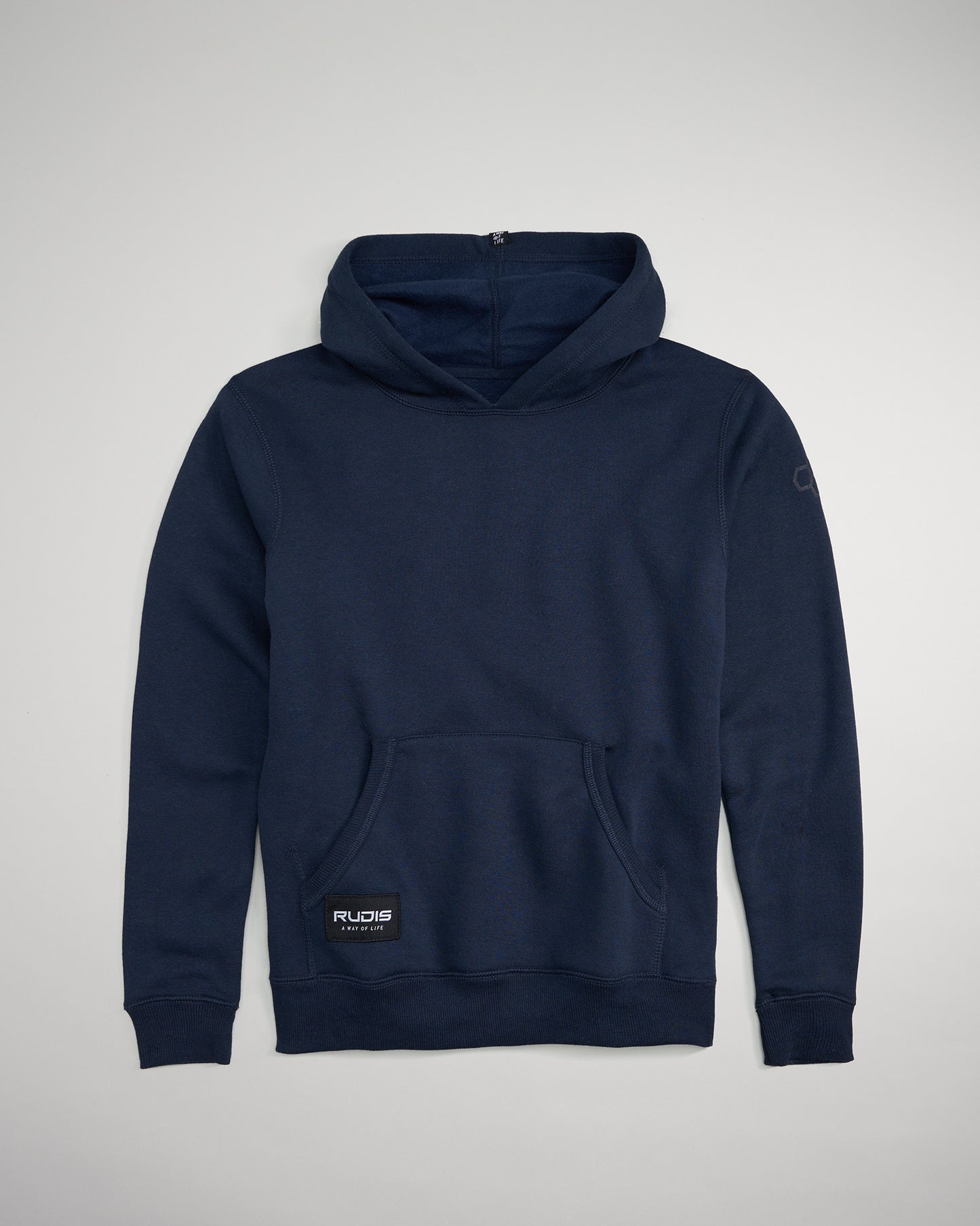 A navy blue hoodie featuring a front kangaroo pocket ribbed cuffs and a subtle logo on the sleeve