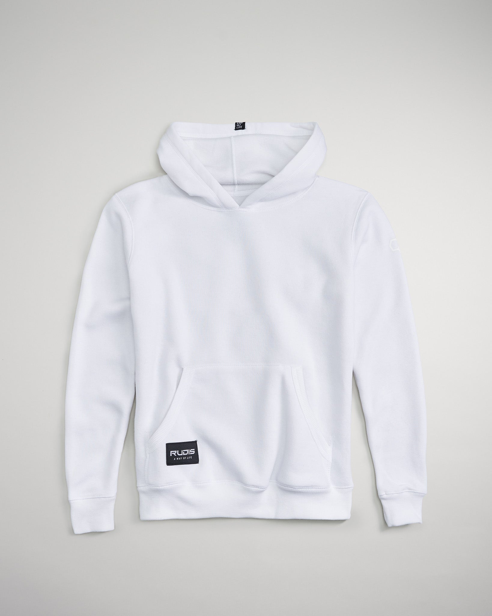 A plain white hoodie featuring a front pocket drawstring hood and a logo patch at the bottom left