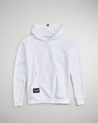 A plain white hoodie featuring a front pocket drawstring hood and a logo patch at the bottom left