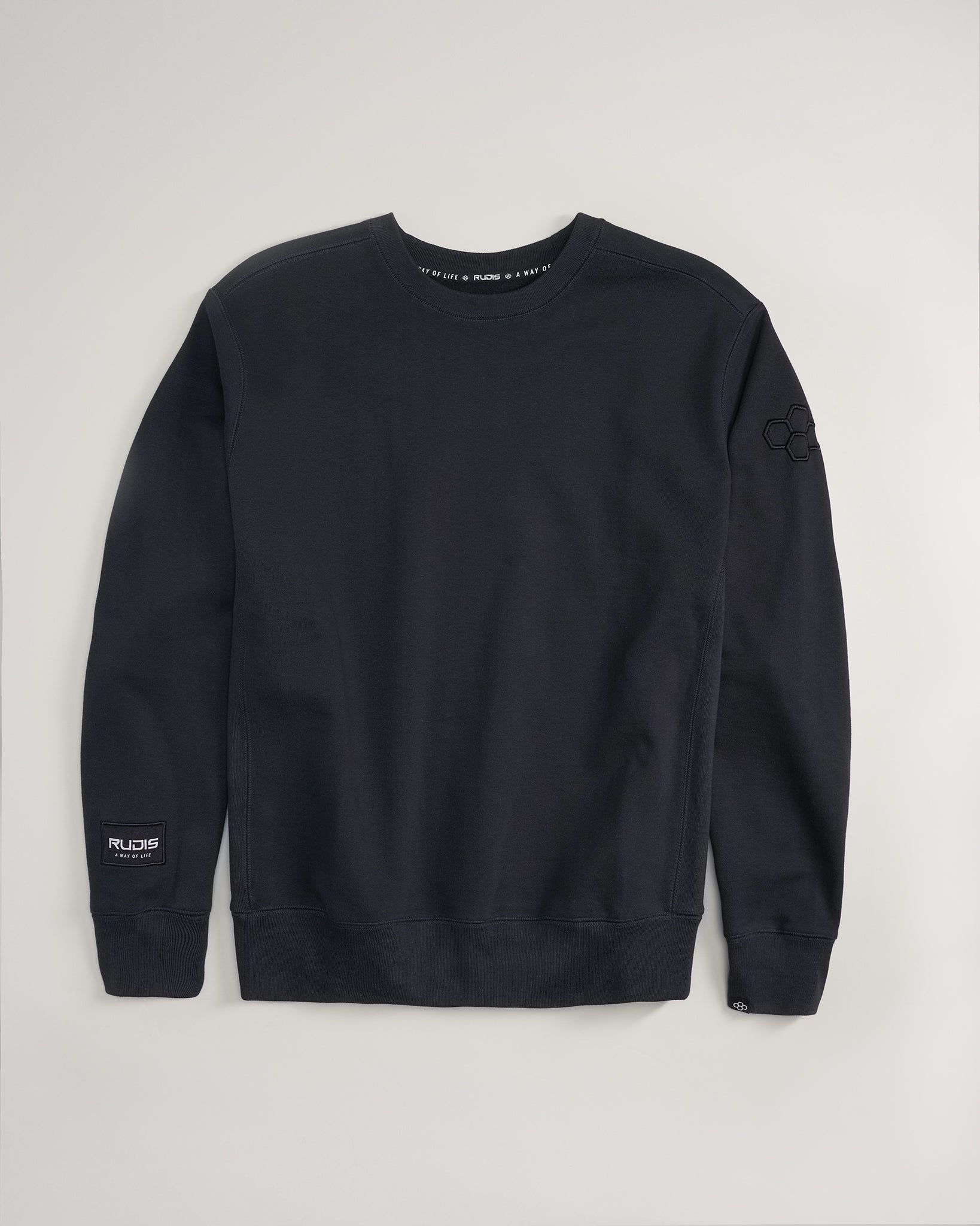 A stylish black sweatshirt featuring a classic crew neck design and embroidered logo details on the sleeve and hem