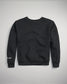 A black long-sleeve sweatshirt featuring a round neck ribbed cuffs a textured surface and a logo on the arm