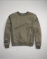 An olive green crewneck sweatshirt featuring a soft fabric ribbed hem and cuffs and branding details on the sleeve and chest