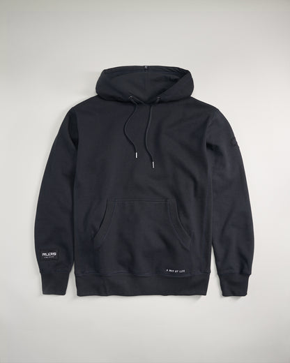 A sleek black hoodie featuring a front pocket adjustable drawstrings and minimalist branding on the sleeve and hem